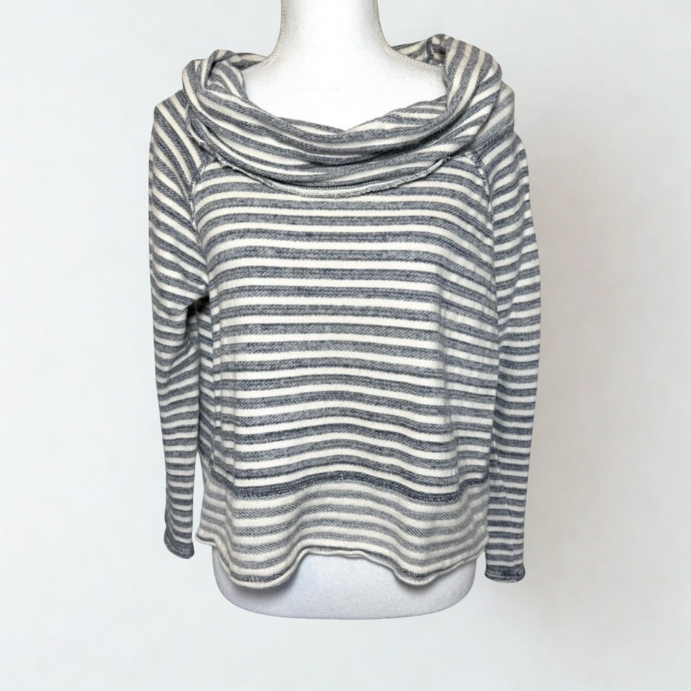 Free People Striped Cowl Neck Sweater Navy Blue Cream Women Small 100% Cotton